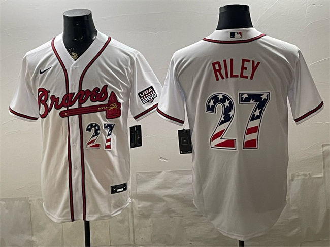 Men's Atlanta Braves #27 Austin Riley White USA 250 Fourth of July Home Stadium Stitched Baseball Jersey Men's Atlanta Braves #27 Austin Riley White USA 250 Fourth of July Home Stadium Stitched Baseball Jersey